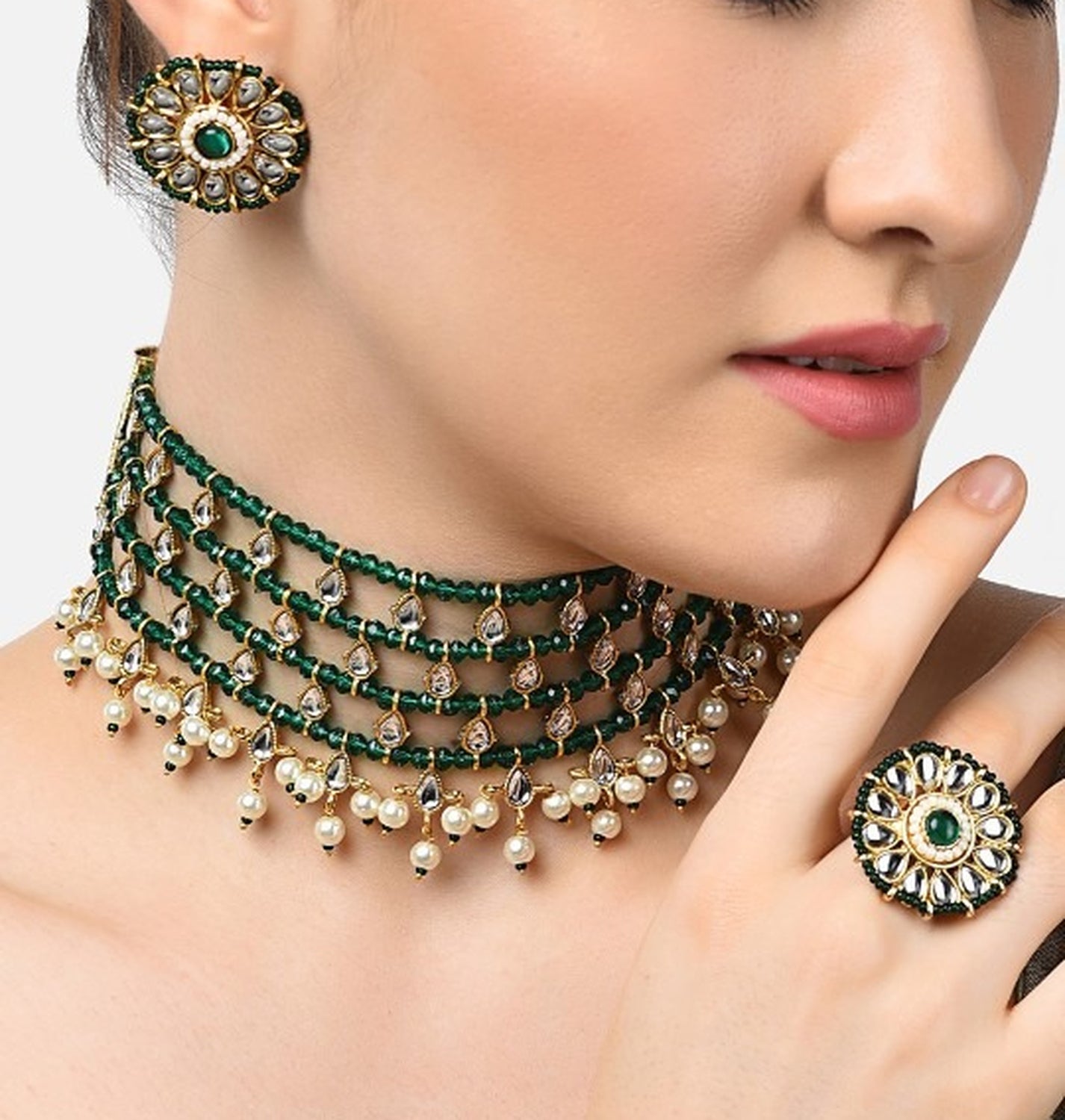 Jewel City Indian Gold-Plated & Green Alloy Gold-Plated Kundan-Studded & Beaded Jewellery Set | Grocsy