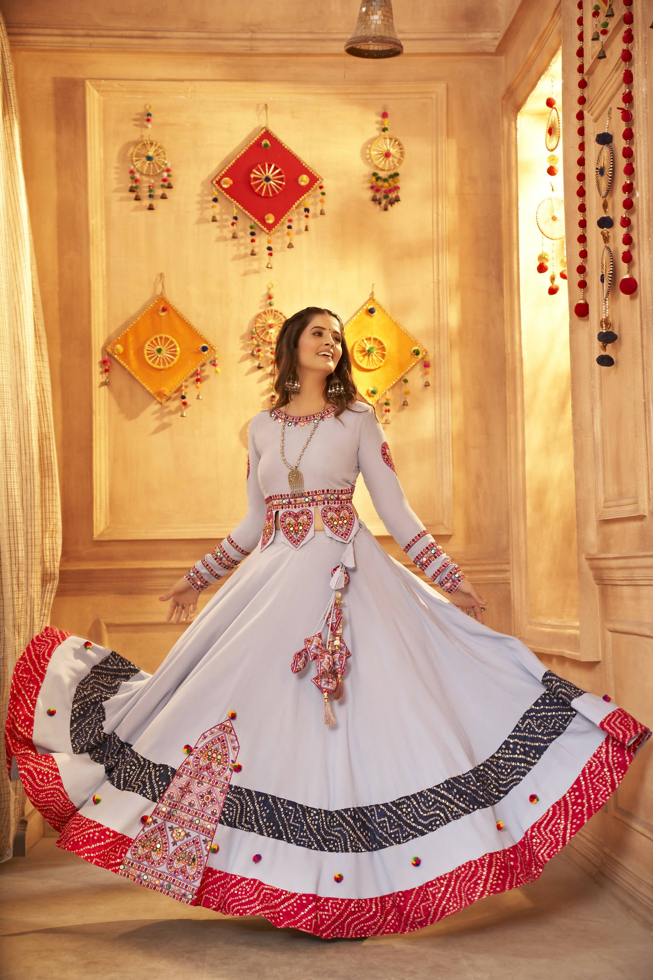Sky Viscose Rayon Thread Embroidered Work And Print With Mirror All Over Navratri Lehenga Choli - Raas | Grocsy