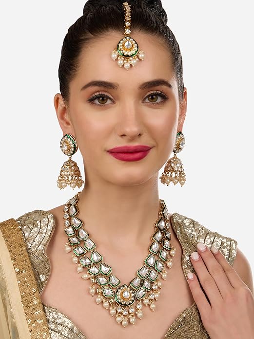 Jewel City Traditional Handcrafted Kundan Pearl Necklace Set with Jhumka Earrings and Maang Tikka – Gold-Tone Bridal Jewelry Set | Grocsy