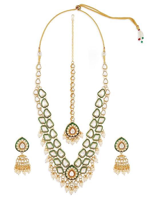 Jewel City Traditional Handcrafted Kundan Pearl Necklace Set with Jhumka Earrings and Maang Tikka – Gold-Tone Bridal Jewelry Set | Grocsy