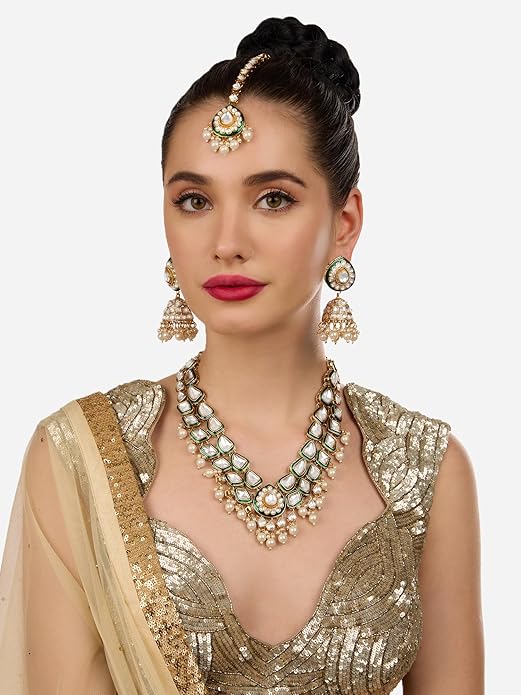 Jewel City Traditional Handcrafted Kundan Pearl Necklace Set with Jhumka Earrings and Maang Tikka – Gold-Tone Bridal Jewelry Set | Grocsy