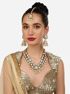 Jewel City Traditional Handcrafted Kundan Pearl Necklace Set with Jhumka Earrings and Maang Tikka – Gold-Tone Bridal Jewelry Set | Grocsy