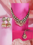 Jewel City Traditional Handcrafted Kundan Pearl Necklace Set with Jhumka Earrings and Maang Tikka – Gold-Tone Bridal Jewelry Set | Grocsy