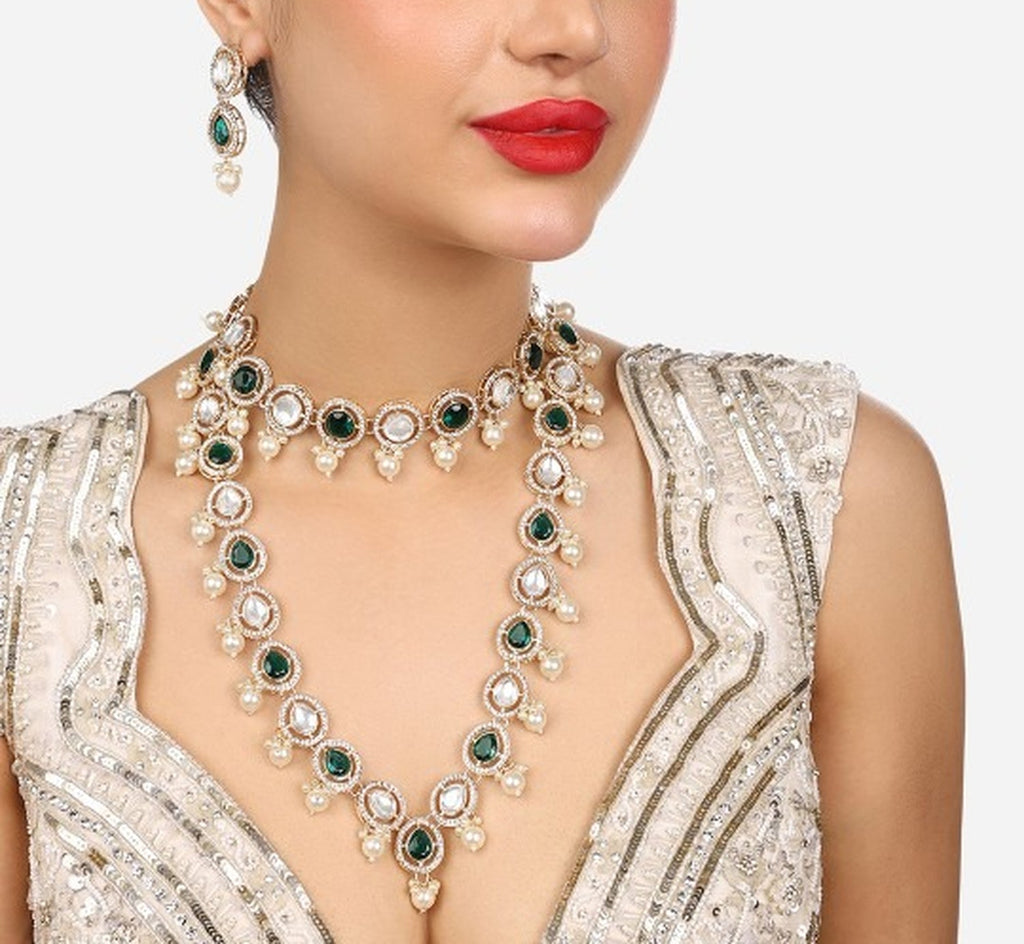Jewel City Indian Kundan Gold-Plated Austrian Diamonds Studded & Beaded Jewellery Set | Grocsy