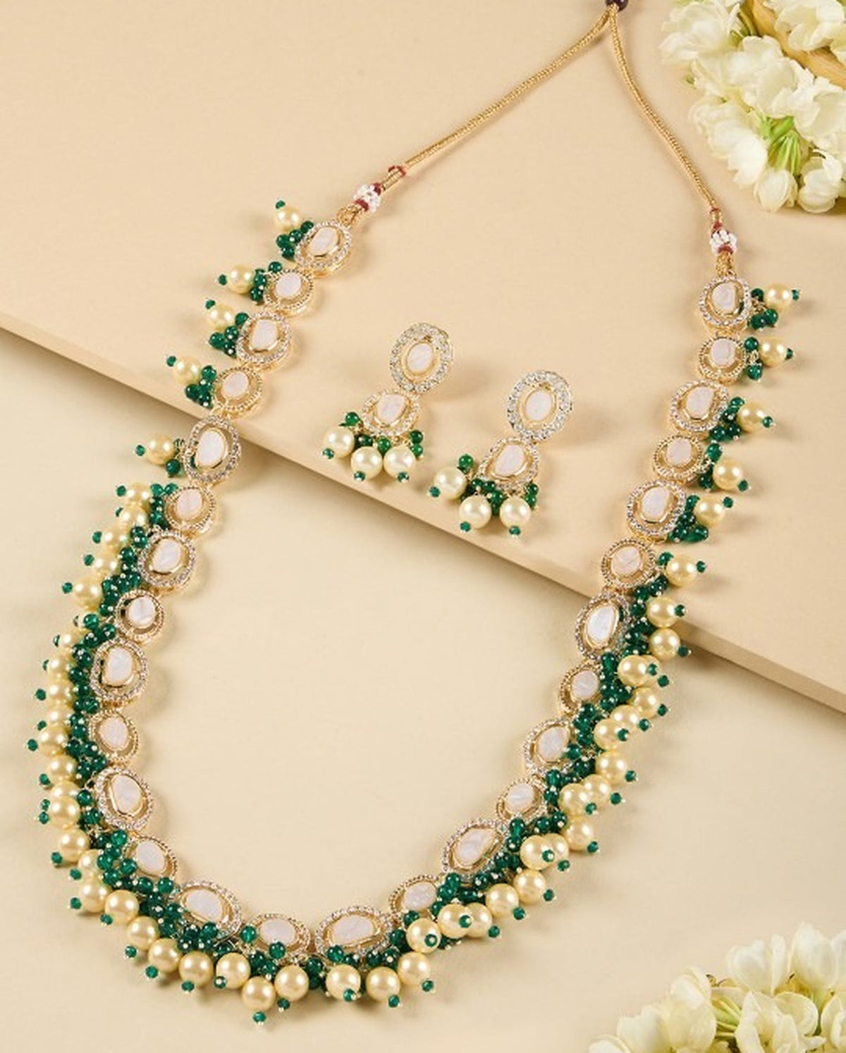 Jewel City Indian Kundan Gold-Plated Austrian Diamonds Studded & Beaded Jewellery Set | Grocsy