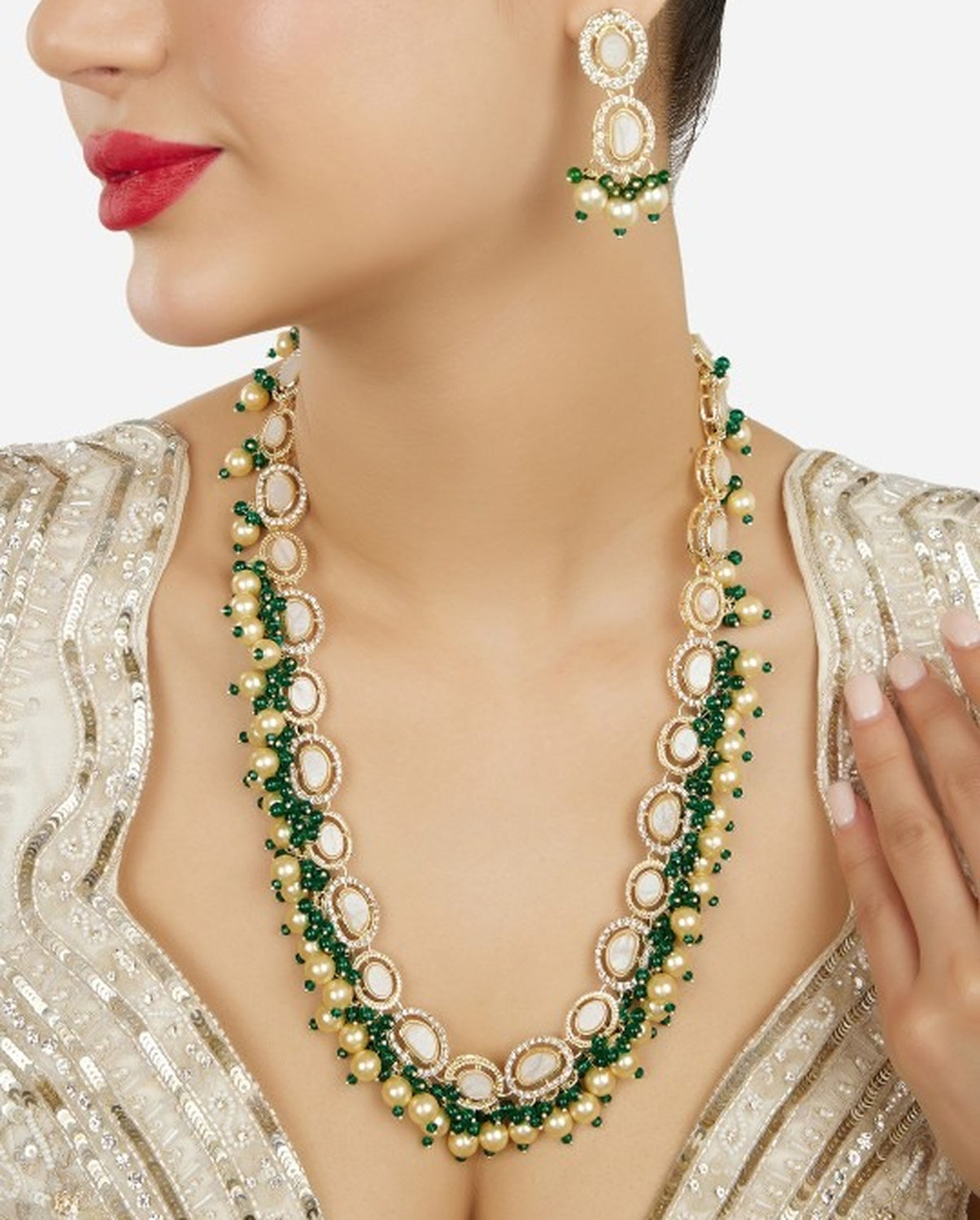 Jewel City Indian Kundan Gold-Plated Austrian Diamonds Studded & Beaded Jewellery Set | Grocsy