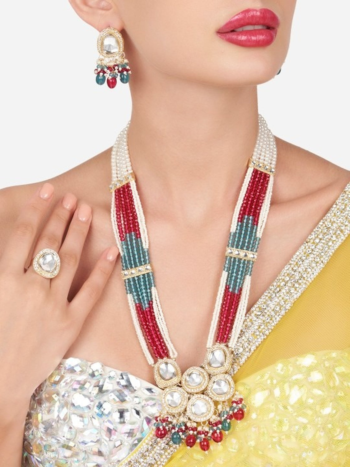 Jewel City Multicolor Beaded Kundan Necklace Set with Earrings Pearl Layered Traditional Gold-Plated Jewelry Set | Grocsy