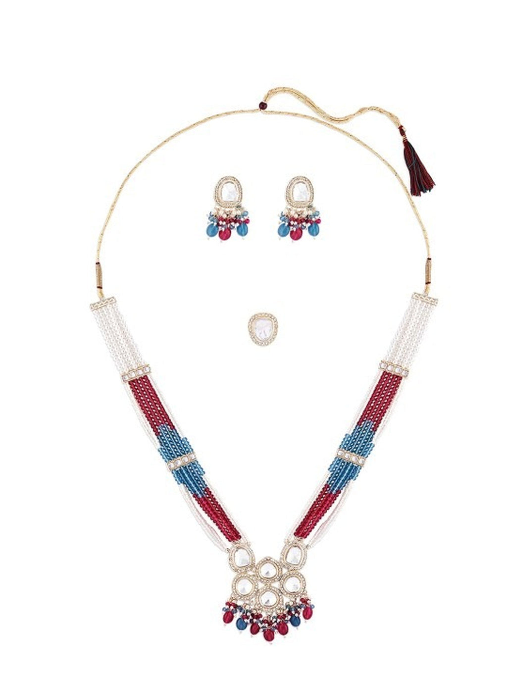 Jewel City Multicolor Beaded Kundan Necklace Set with Earrings Pearl Layered Traditional Gold-Plated Jewelry Set | Grocsy