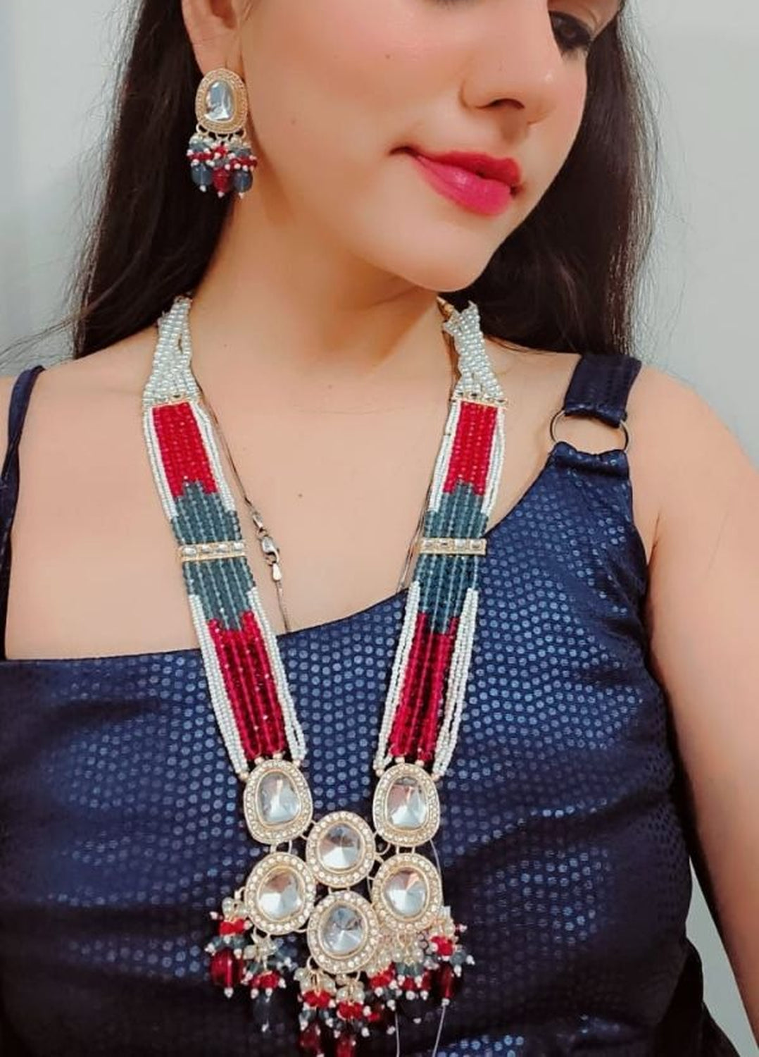 Jewel City Multicolor Beaded Kundan Necklace Set with Earrings Pearl Layered Traditional Gold-Plated Jewelry Set | Grocsy