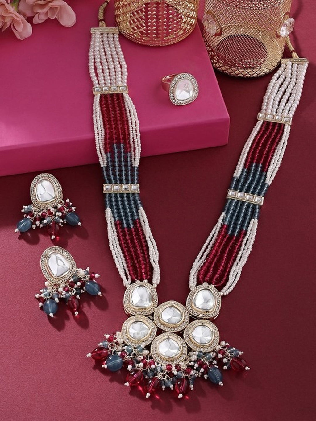 Jewel City Multicolor Beaded Kundan Necklace Set with Earrings Pearl Layered Traditional Gold-Plated Jewelry Set | Grocsy