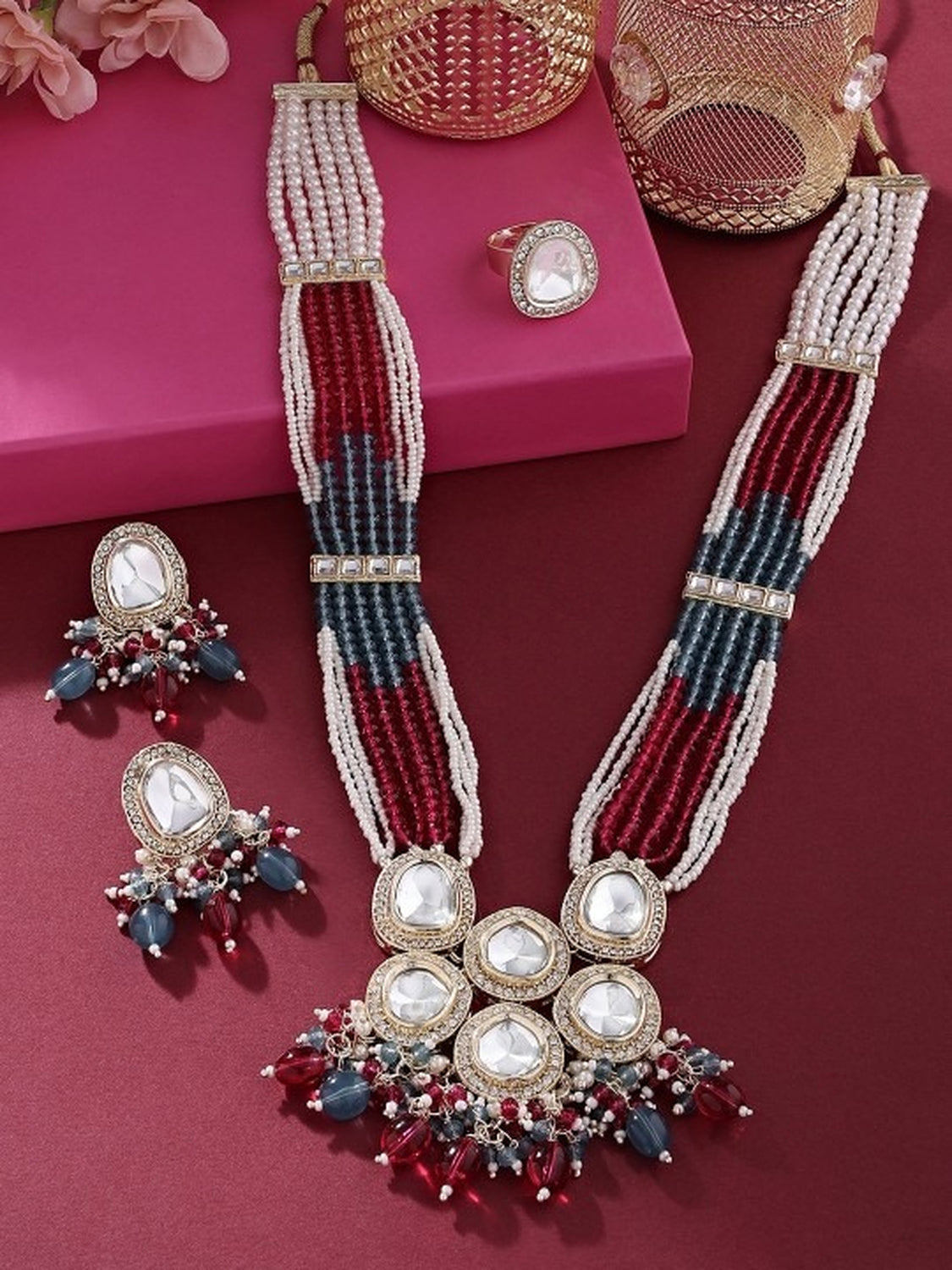 Jewel City Multicolor Beaded Kundan Necklace Set with Earrings Pearl Layered Traditional Gold-Plated Jewelry Set | Grocsy