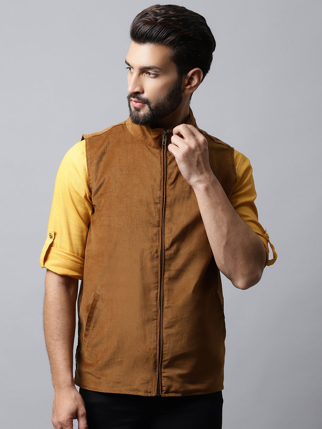 Even Apparels Men's Brown Nehru Jacket With Welt Pockets | Grocsy
