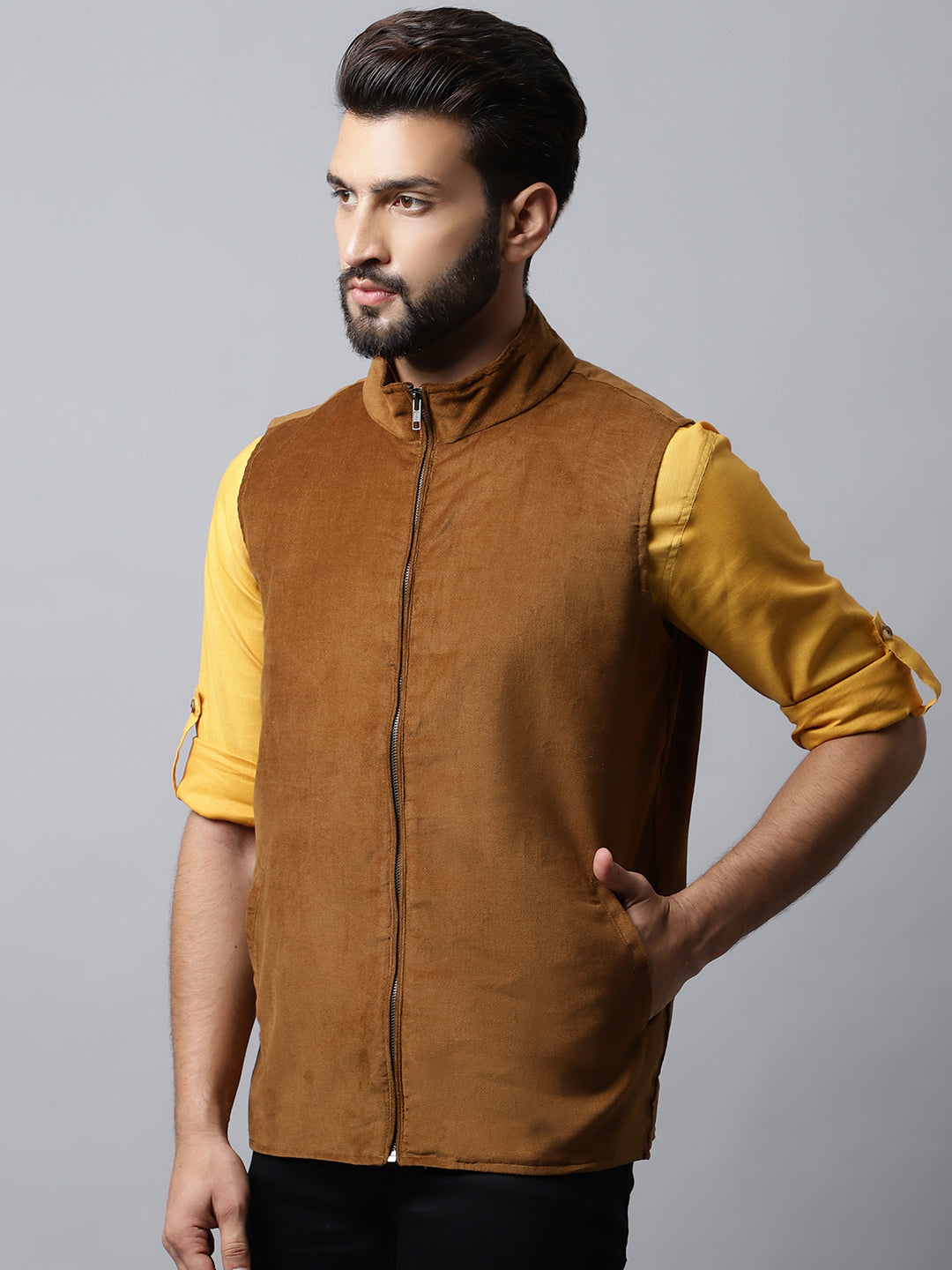 Even Apparels Men's Brown Nehru Jacket With Welt Pockets | Grocsy