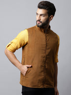 Even Apparels Men's Brown Nehru Jacket With Welt Pockets | Grocsy