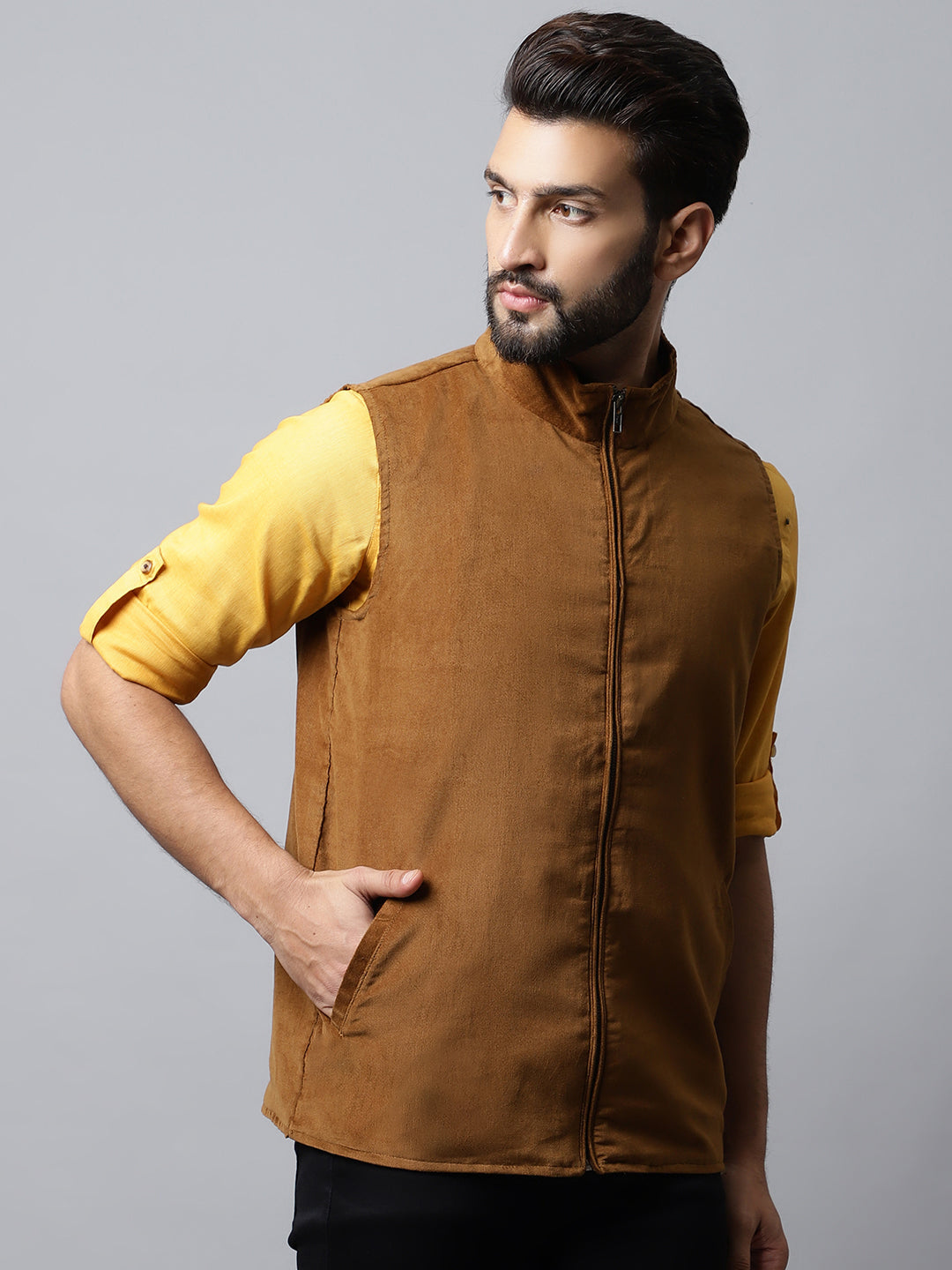 Even Apparels Men's Brown Nehru Jacket With Welt Pockets | Grocsy