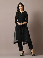 Myshka Women's Black Embroidered Cotton Straight Party Kurta Set With Dupatta | Grocsy