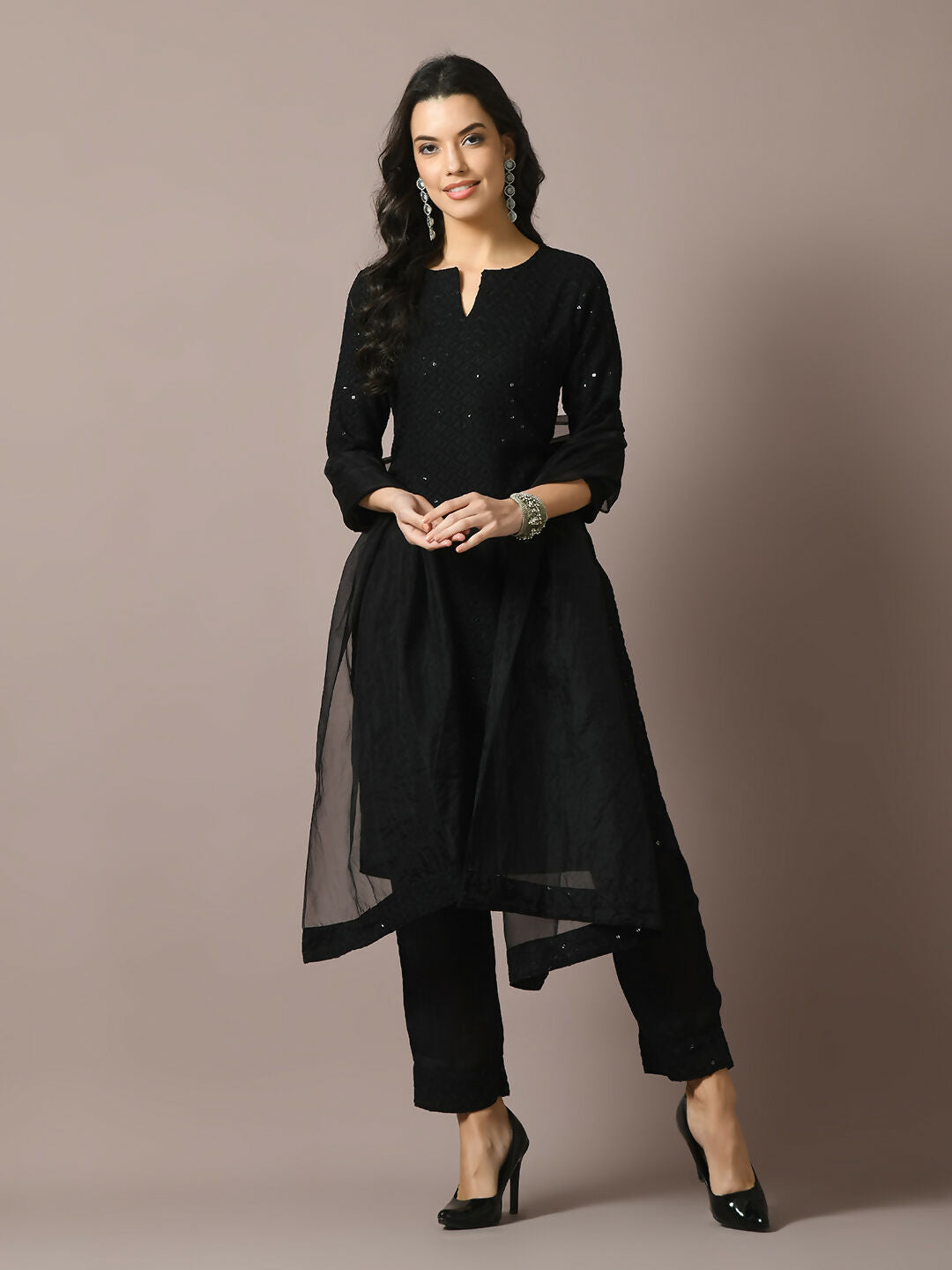 Myshka Women's Black Embroidered Cotton Straight Party Kurta Set With Dupatta | Grocsy