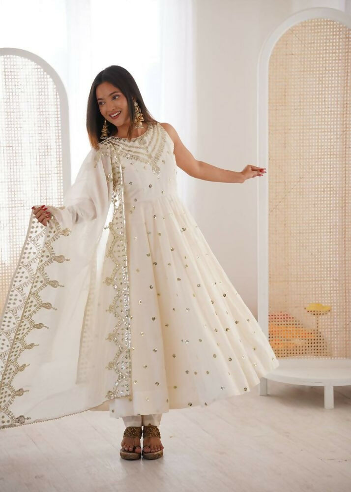Teeya Creation White Color Roman Silk Embroidery Work Party Wear Gown | Grocsy