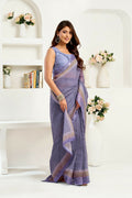 Joban Fashion Lavender Striped Linen Ready To Wear Saree With Unstitched Blouse | Grocsy
