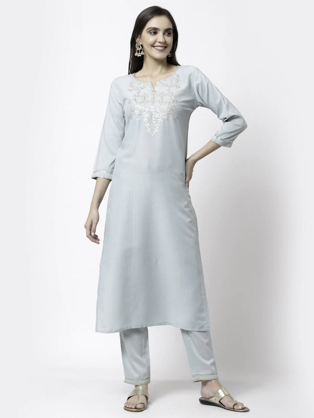 Myshka Grey Silk Blend Embroidered 3/4 Sleeve Round Neck Kurta Pant Dupatta Set | Grocsy
