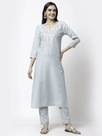Myshka Grey Silk Blend Embroidered 3/4 Sleeve Round Neck Kurta Pant Dupatta Set | Grocsy