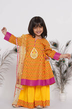 Little Bansi Girls Cotton Kurta frock with booti work,Sharara & Dupatta - Yellow | Grocsy