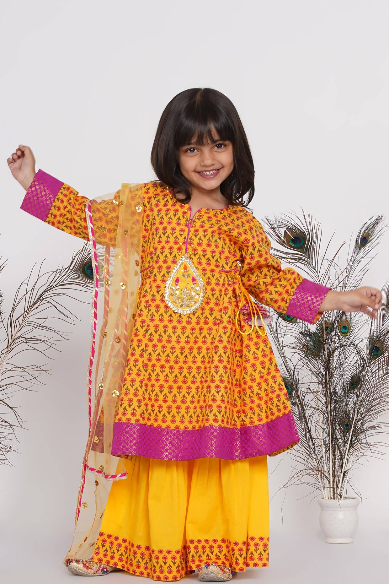 Little Bansi Girls Cotton Kurta frock with booti work,Sharara & Dupatta - Yellow | Grocsy