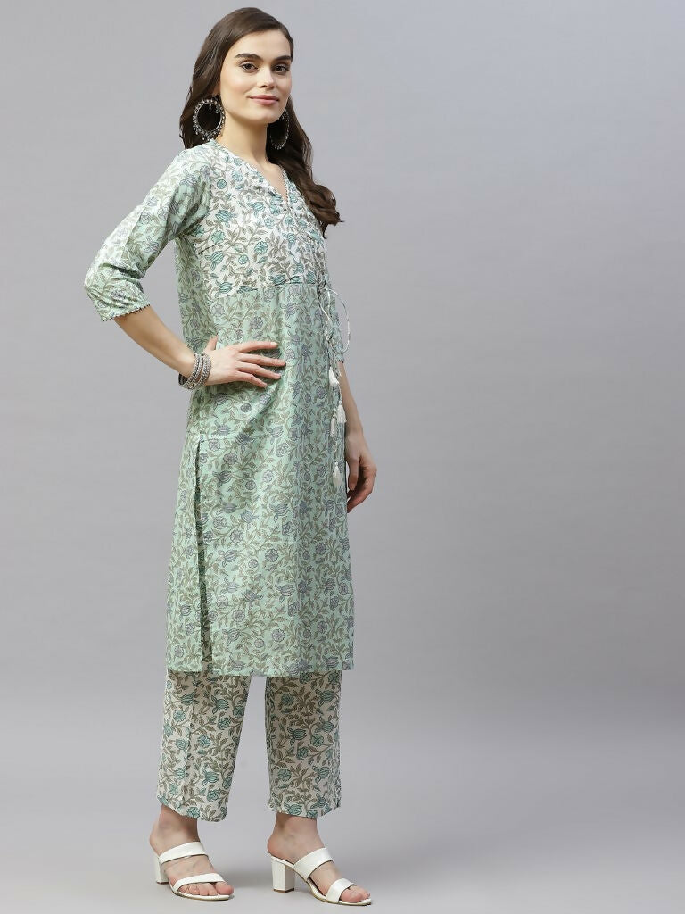 Miravan Women's Floral Printed Angrakha Pure Cotton Kurta With Palazzo & Dupatta Set | Grocsy
