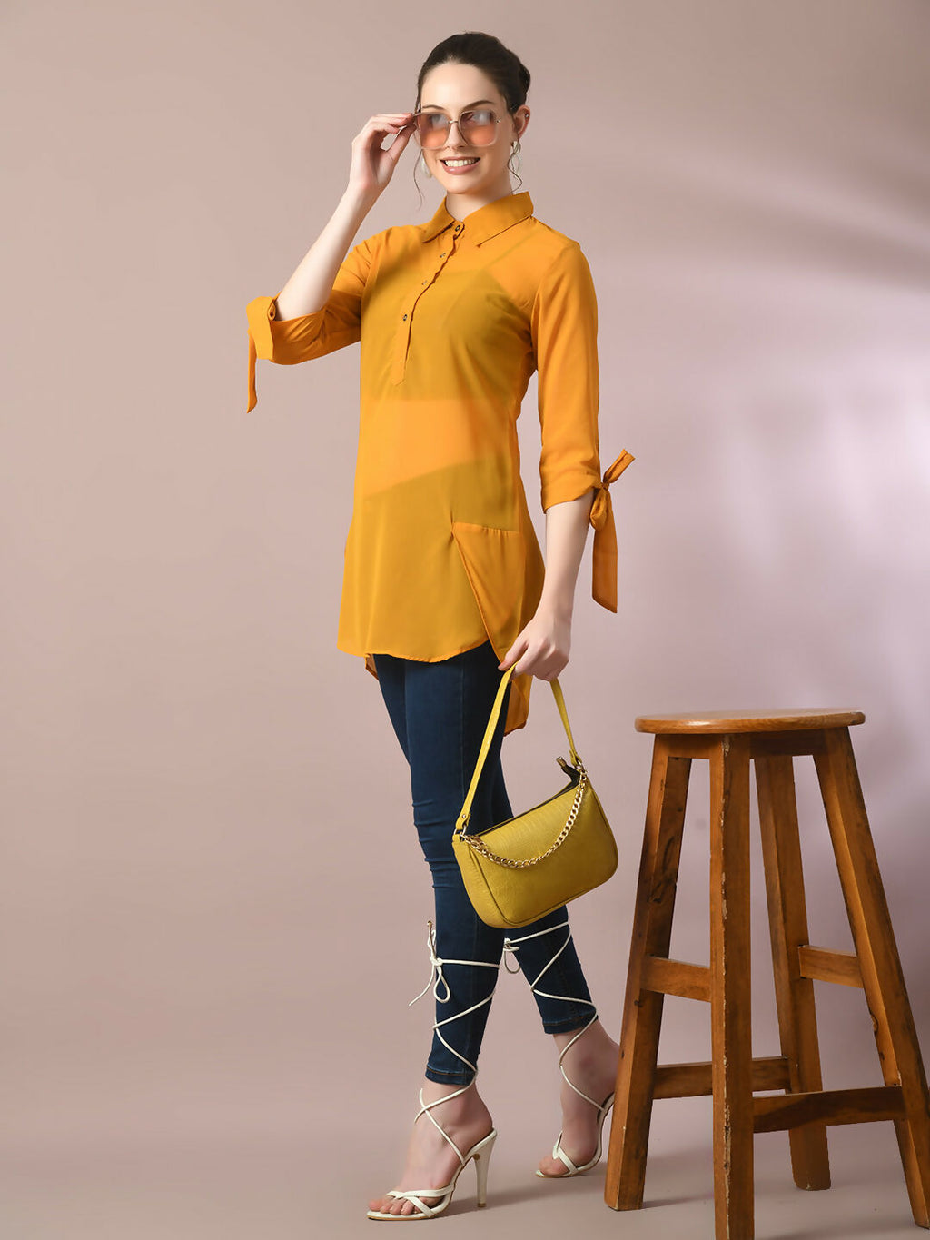 Myshka Women's Yellow Solid Georgette Longline Party Sheer Tunic | Grocsy