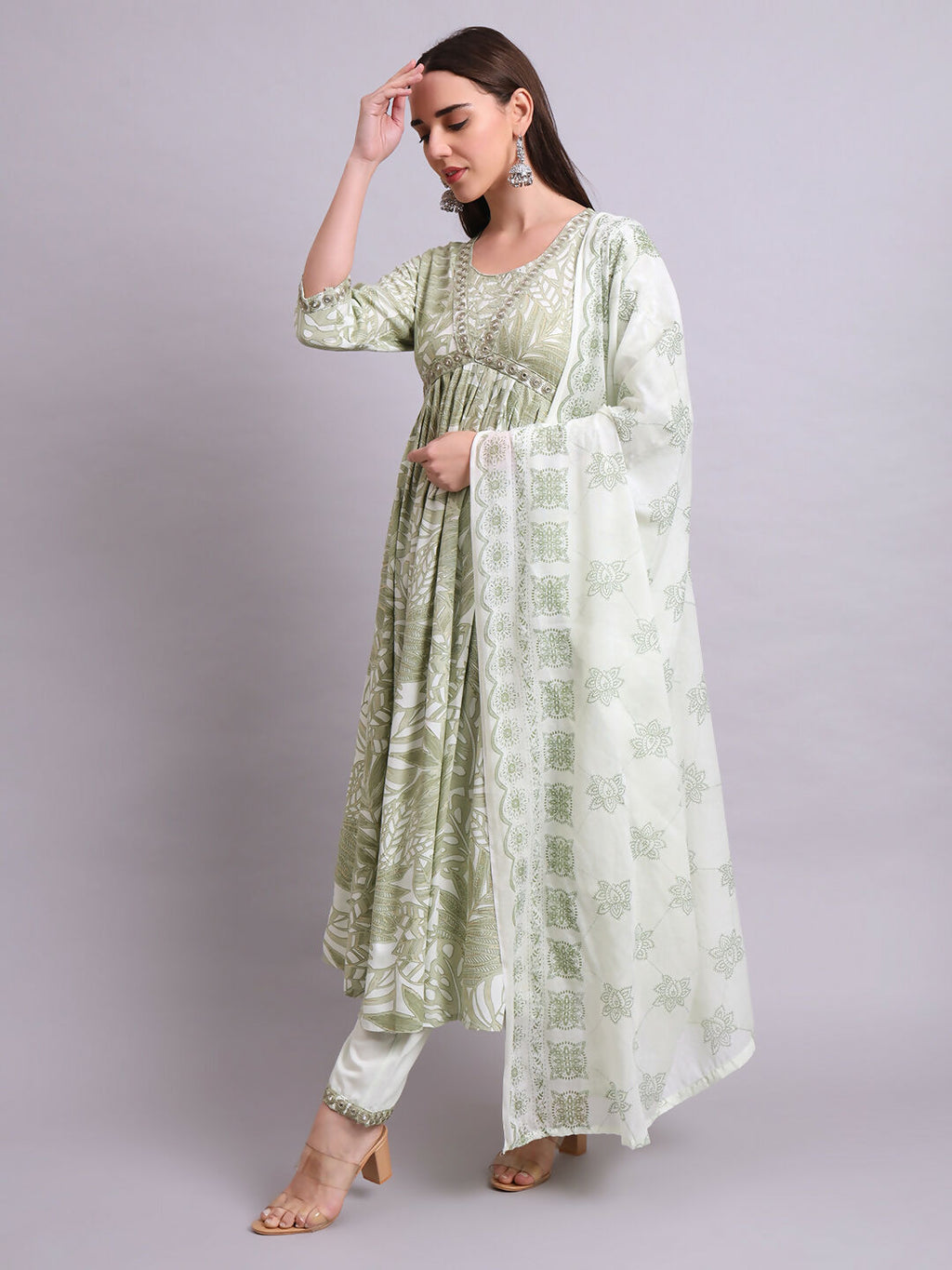 Joban Fashion Green Cotton Floral Printed & Embroidery Work Anarkali Kurta With Trousers & Dupatta Set | Grocsy