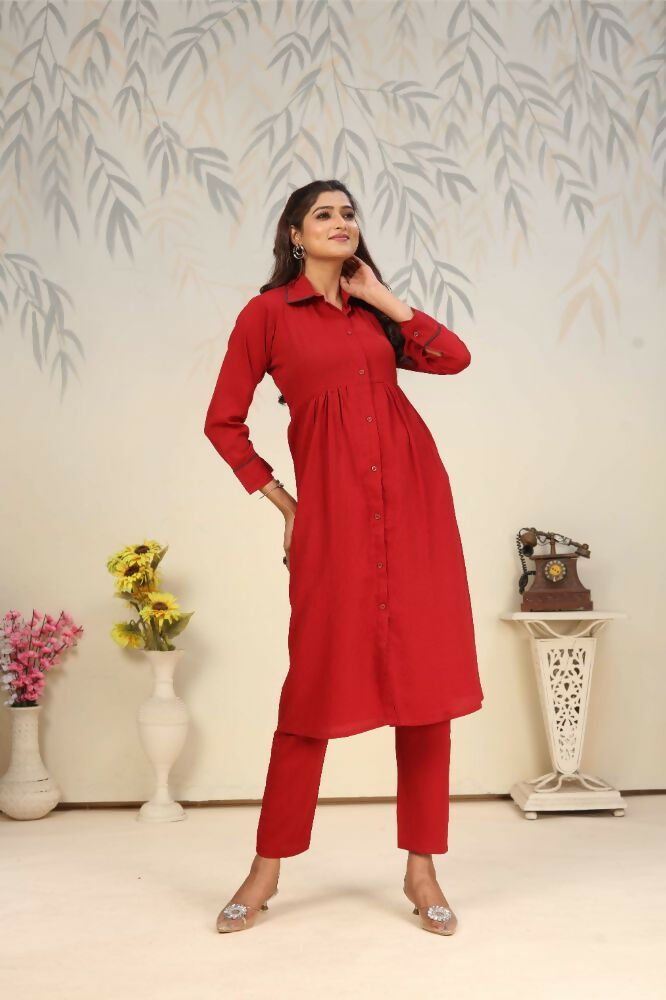 Jyoti Fashion Women's Red Rinkal Cotton Plain with Side Pocket Kurtis & Sets | Grocsy