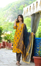 Yufta Women Mustard Yellow & Navy Blue Printed Kurta with Trouser and Dupatta | Grocsy