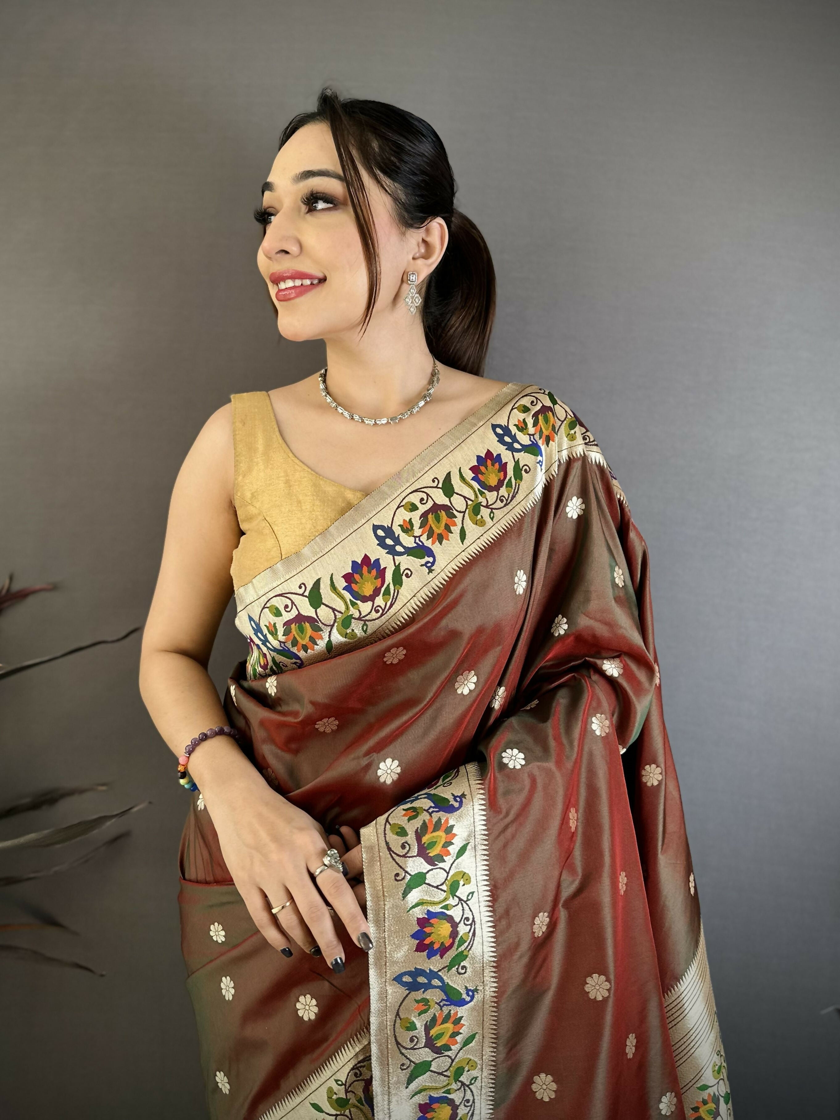 Prime Volt Premium Soft Silk Mayur Paithani Saree with Peacock Meena Weaving & Rich Pallu-Brown | Grocsy