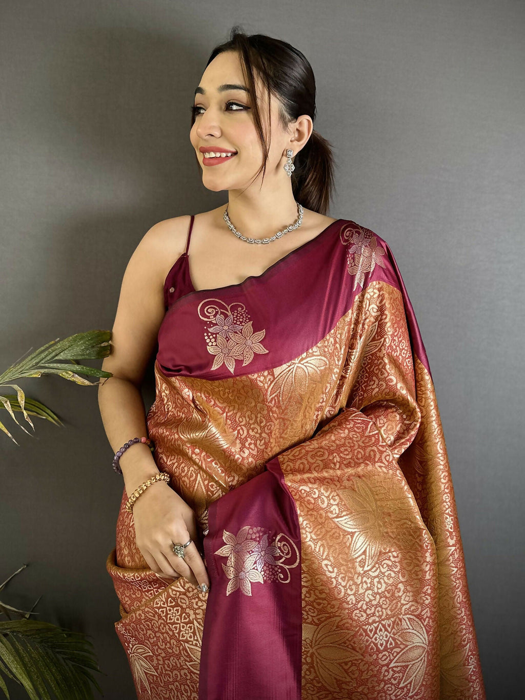 Joban Fashion Wine Intricate Zari Weaving Soft Silk Dharmavaram Saree | Grocsy