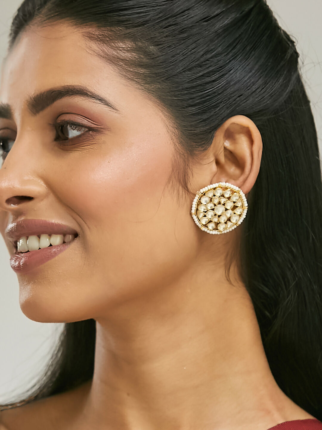 Nuyug 22K Gold-Plated Elegant Kundan Stone Studded & Pearl Beaded Disc Studs | Grocsy