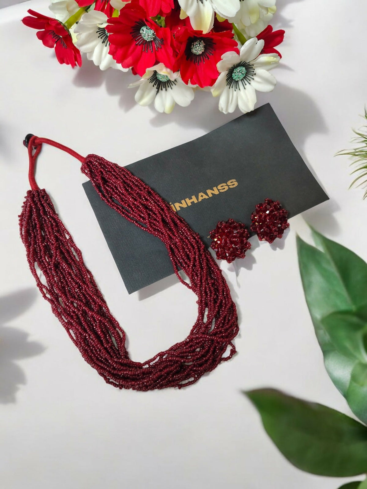 Inhanns Vibrant Handmade 20 Layers Beaded Necklace With Matching Earrings - Maroon | Grocsy