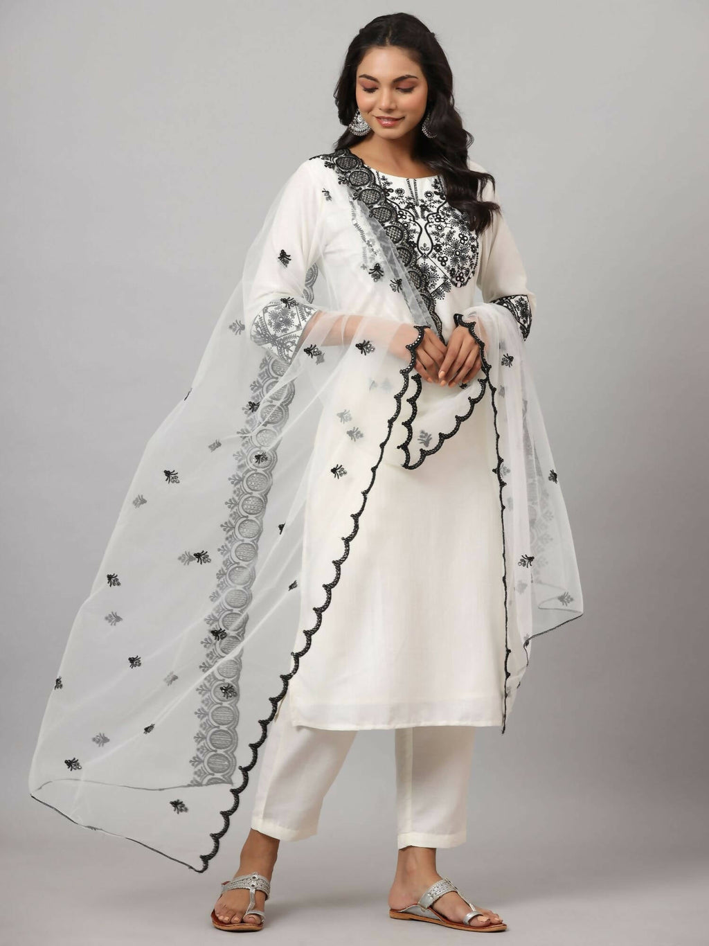 Juniper Women's White Chinnon Solid Embroidered Kurta Set | Grocsy