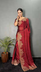 Vastranavya Maroon Rangoli Silk Zari work with DMC Swarovski work Ready to Wear Saree | Grocsy