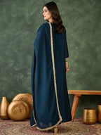 The52 Women's Beautiful Embroidery Work Vichitra Silk Fabric Flared Kurta Pant and Dupatta Set-Petrol | Grocsy
