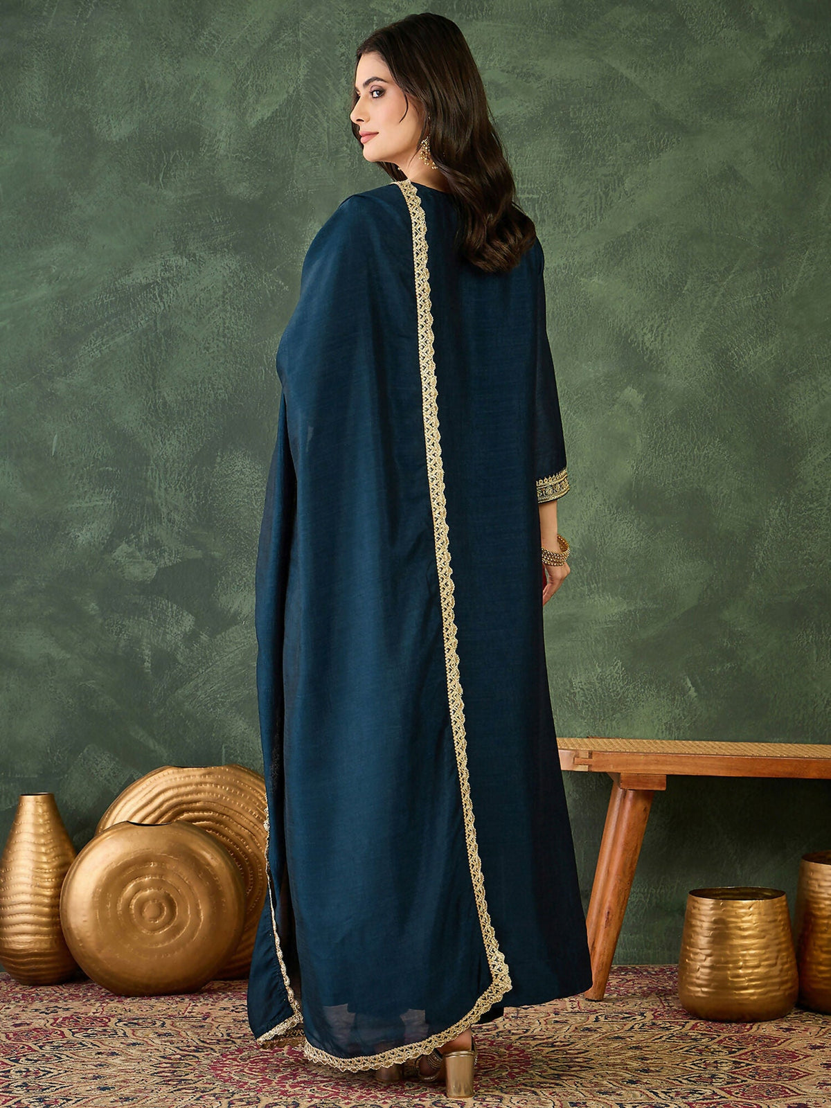 The52 Women's Beautiful Embroidery Work Vichitra Silk Fabric Flared Kurta Pant and Dupatta Set-Petrol | Grocsy