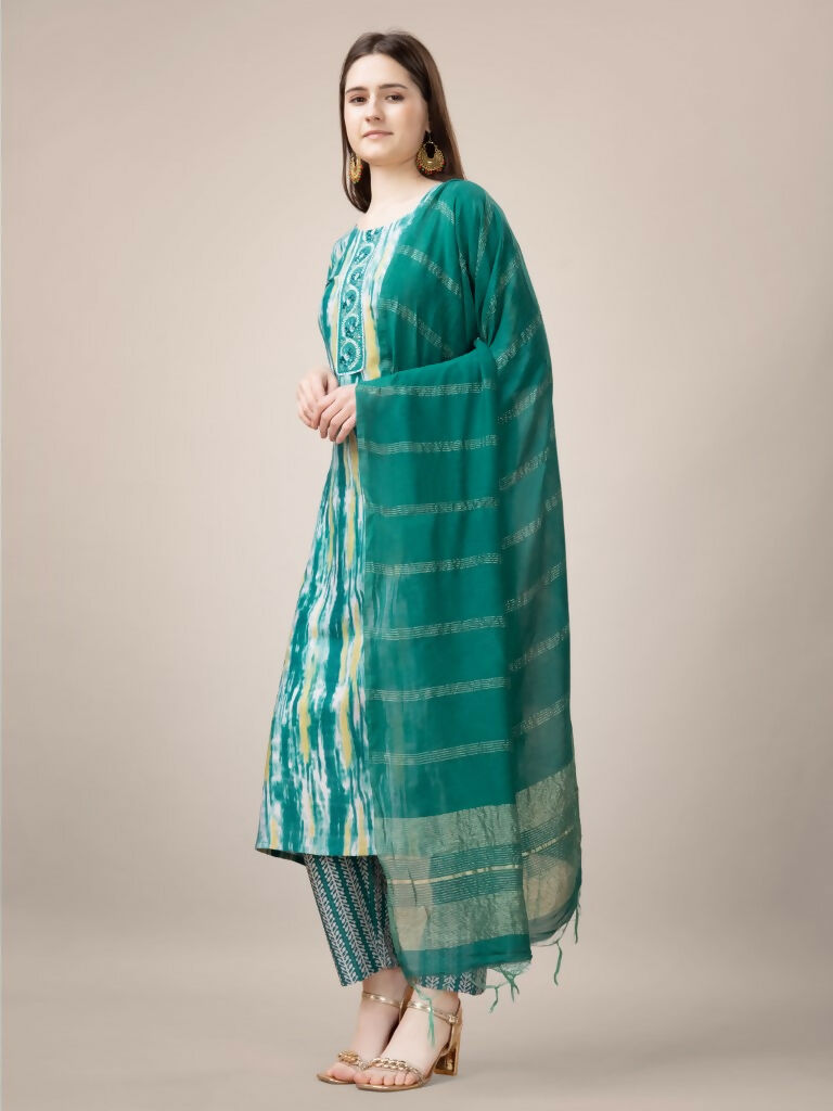 Jyoti Fashion Women's Teal Rayon Print with Embroidery & Fancy Lace Work Kurta with Trouser & Dupatta | Grocsy