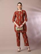 Myshka Women's Rust Printed Cotton Round Neck Party Tunic With Trousers Co-ord set | Grocsy