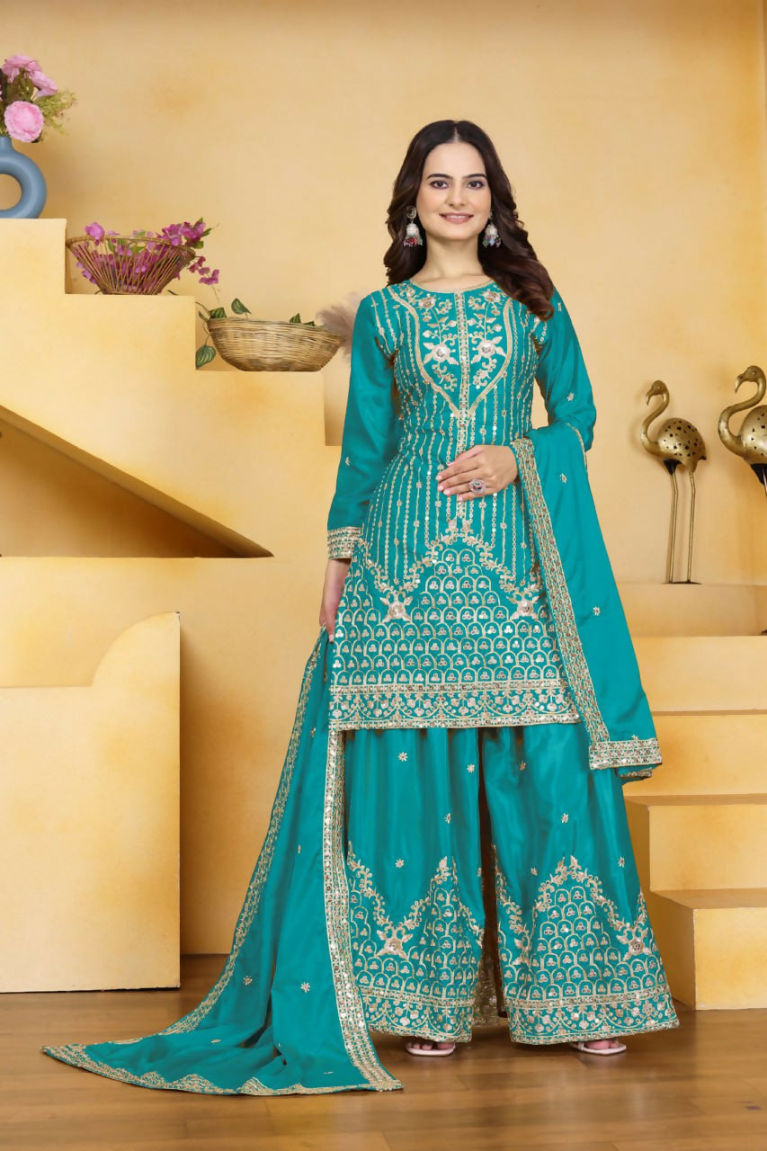 Teeya Creation Teal Color Natural Crepe Silk Wedding Wear Trending Palazzo Set | Grocsy