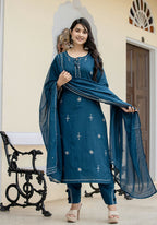 Kaajh Women's Navy Blue Mirror Embellished Cotton Suit Set | Grocsy