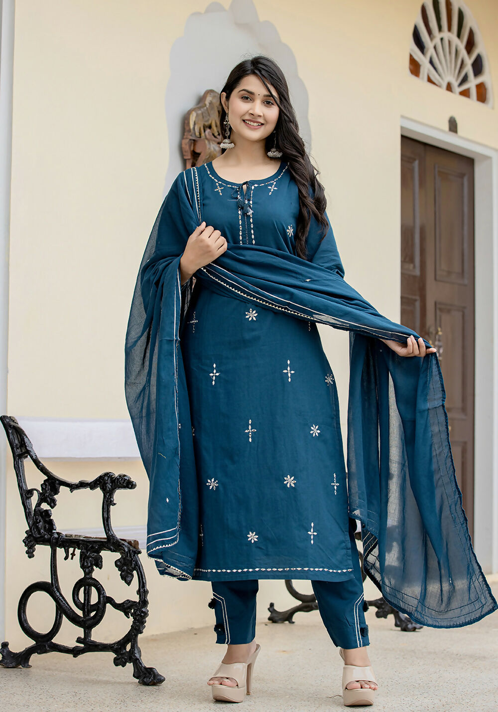 Kaajh Women's Navy Blue Mirror Embellished Cotton Suit Set | Grocsy