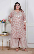 Miravan Plus Size Women Brown Floral Printed Straight Ethnic Kurta With Palazzo | Grocsy