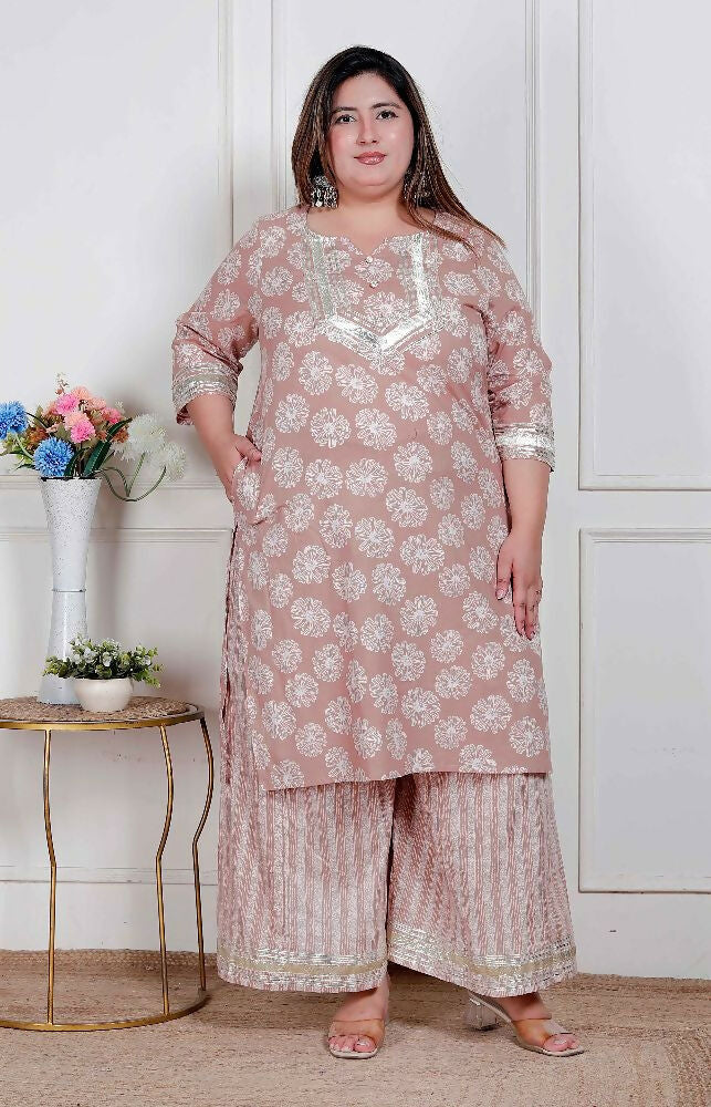 Miravan Plus Size Women Brown Floral Printed Straight Ethnic Kurta With Palazzo | Grocsy
