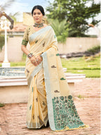 Sangam Prints Beige Linen Woven Work Traditional Saree | Grocsy