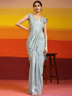 Sky Blue Silk Satin Plain Ready to wear Saree with stitched Blouse - Vrinda | Grocsy