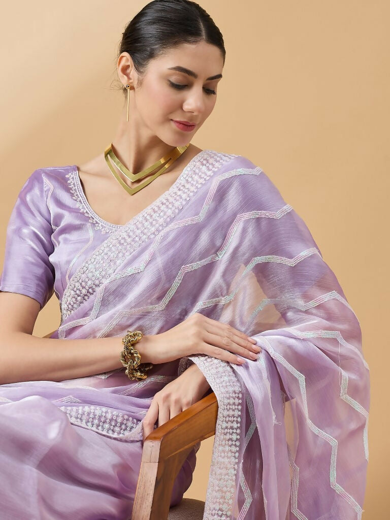 Purple Tissue Slub Embroidered Saree with Unstitched Blouse - Vairagi | Grocsy
